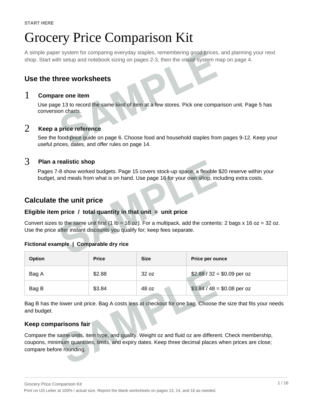 Actual first page of the Grocery Price Comparison Kit, explaining the three worksheets and unit prices