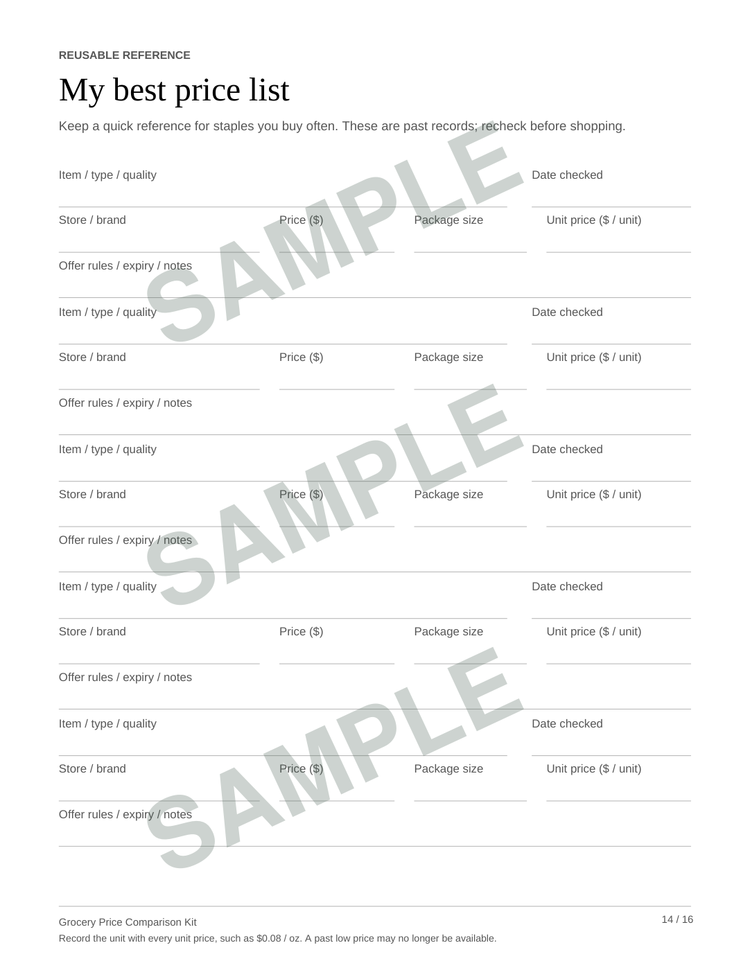 My best price list worksheet with five spaces for item, store, date, package size, unit price, and offer notes
