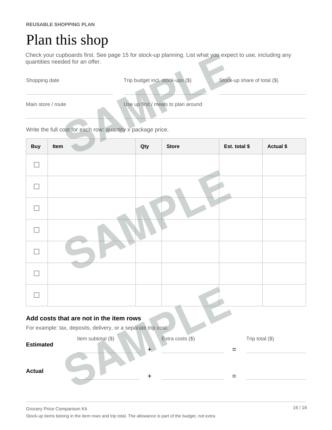 The kit’s Plan this shop worksheet, with room for a budget and shopping list